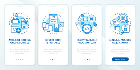 Procedural programming benefits blue onboarding mobile app screen. Walkthrough 4 steps editable graphic instructions with linear concepts. UI, UX, GUI template. Myriad Pro-Bold, Regular fonts used