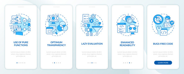 Functional programming advantages blue onboarding mobile app screen. Walkthrough 5 steps editable graphic instructions with linear concepts. UI, UX, GUI template. Myriad Pro-Bold, Regular fonts used