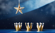 Three Shiny Crowns And A Star Light In The Sky. Epiphany And Three Kings Day Holiday Celebration Night Banner. 6 January