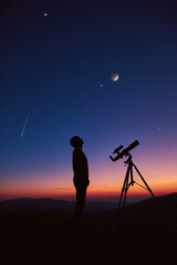 Man with astronomy telescope looking at the night sky, stars, planets, Moon and shooting stars.