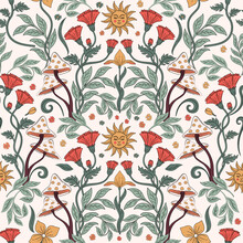 Retro Pattern In Art Nouveau Style. Seamless Pattern With Decorative Floral, Leaves, Sun, Mushroom Elements. A Modern Take On 60s And 70s Aesthetic.