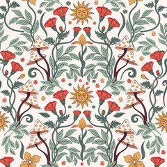 Retro pattern in art nouveau style. Seamless pattern with decorative floral, leaves, sun, mushroom elements. A modern take on 60s and 70s aesthetic.