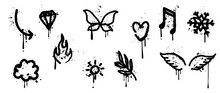 Set Of Graffiti Spray Pattern Vector Illustration. Collection Of Spray Texture Arrow, Diamond, Butterfly, Flame, Wing, Leaf Branch. Elements On White Background For Banner, Decoration, Street Art.