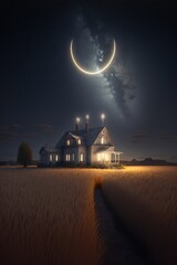 Wall Mural - A field of wheat and a rural house whilst saturn can be seen in the night sky.