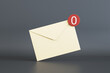 © Who is Danny - No messages or notification concept with front view on beige email paper envelope with white zero in red circle on the corner on dark background. 3D rendering