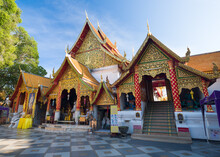Golden Big Pagoda View Midday. Lanna Architecture At Wat Phra That Doi Suthep Ratchaworawihan. Thailand's Most Popular Tourist Destinations. 