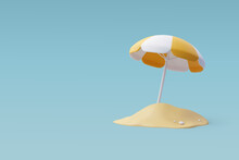 3d Vector Beach Yellow Umbrella, Summertime Relax, Time To Travel Concept.