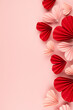 Leinwandbild Motiv Valentine day background with sweet love pink and red paper hearts of asian fans in modern fashion style soar on cute soft light pastel pink backdrop, sideways border, copy space, top view, vertical.