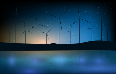 Poster - Renewable and eco friendly energy Concept. Technology windmill energy. Abstract windmill with sunrise, night sky, water and mountain on gradient blue background. Wind power turbine landscape vector.