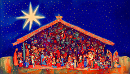 Wall Mural - Abstract Christmas nativity scene of born child baby Jesus Christ in the manger. Generative AI