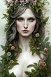 portrait of a woman dryad with a wreath of flowers, created with generative ai