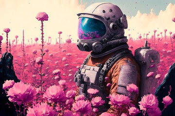 Wall Mural - beautiful astronaut sitting in in a field of flowers on a different planet. generative ai