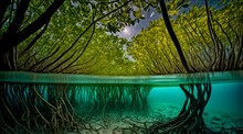 Mangrove Trees Roots, Above And Below The Water In The Caribbean Sea.	