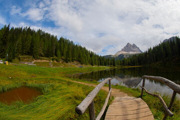 Landscape of Antorno lake with famous Dolomites mountain peak of Tre Cime di Lavaredo, Italy Europe.