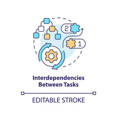Interdependencies between tasks concept icon. Project plan includes abstract idea thin line illustration. Isolated outline drawing. Editable stroke. Arial, Myriad Pro-Bold fonts used