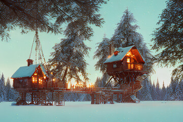 Poster - Christmas tree house winter landscape background AI generated image