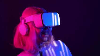 Poster - Woman in virtual reality goggle in neon colors.