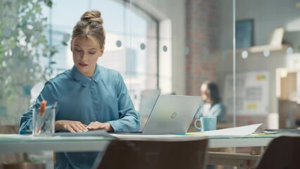 Poster - Close Up Portrait of a Smiling White Female Working on a Creative Job Position in an Advertising Company Using Laptop Computer. Happy Manager Interacting with Colleagues, Writing a Marketing Plan