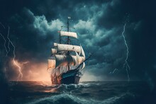 A Classic Sailing Ship Adrift In The Ocean On A Dark And Stormy Night, With Thunder And Lightning Above. Aspects Of Travel And Adventure. Generative AI