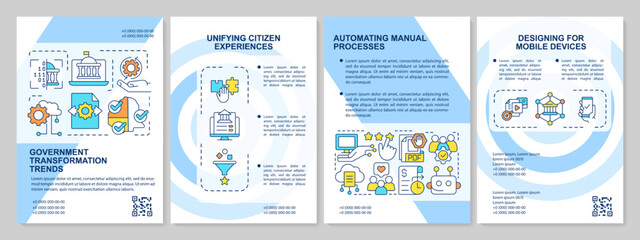 Government transformation trends blue brochure template. Leaflet design with linear icons. Editable 4 vector layouts for presentation, annual reports. Arial-Black, Myriad Pro-Regular fonts used