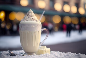 Wall Mural - illustration of ice freezing glass of white chocolate milkshake with whip cream topping glass