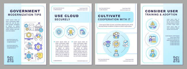 Government modernization tips blue brochure template. Leaflet design with linear icons. Editable 4 vector layouts for presentation, annual reports. Arial-Black, Myriad Pro-Regular fonts used