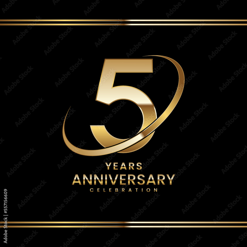5th Anniversary logo design with golden ring. Logo Vector Illustration