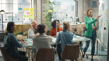Poster - Collaborative Multiethnic Team Group Attending a Meeting to Develop a Strategy. Young Female Manager Using a Whiteboard to Explain Plan Steps. Colleagues Following her Presentation