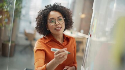 Wall Mural - Portrait of a Beautiful Black Woman in Smart Casual Clothes Doing a Presentation in a Meeting Room for her Colleagues. Female Team Lead Explaining Data and Statistics Using a Whiteboard and a Marker