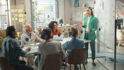 Poster - Young and Beautiful Female Project Manager Holds a Meeting Presentation for a Multiethnic Team of Developers. She Shows Charts and Statistics as Part of a Market Research for a New Product. 