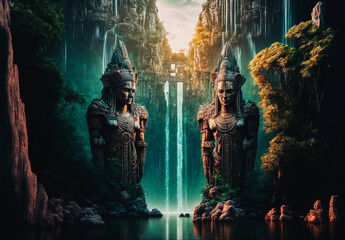 Wall Mural - Giant aztec or maya statue guardian next to water in a tropical rainforest environment landscape