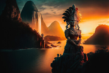 Wall Mural - Giant aztec or maya statue guardian next to water in a tropical rainforest environment landscape
