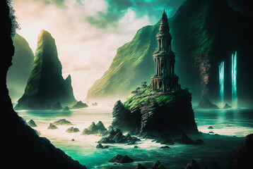Wall Mural - Architectural landmark on a cliff next to a beach in a fantasy forest mountain landscape