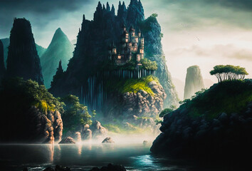 Wall Mural - Fortress on a cliff in a fantasy forest mountain landscape