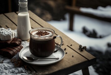 Wall Mural - illustration of hot chocolate cup on wooden table with cold freezing weather