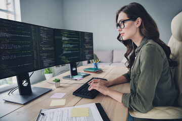 Wall Mural - profile side photo of clever charming lady professional hacker remove sms messages reboot pc server 