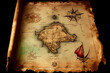 Antique pirate treasure map for the location of a hidden gold fortune through piracy on the high sea, computer Generative AI stock illustration image