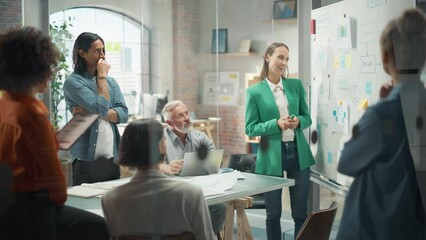 Poster - Female Project Manager Makes a Presentation for a Diverse Creative Team in Meeting Room in an Agency. Colleagues Gathering Around Conference Table and Discuss Business Development and Design.