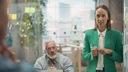Poster - Female CEO Using Whiteboard in Office to Answer Questions and Give Feedback to her Team During a Meeting. Portrait of Beautiful Woman Doing Presentation in Creative Agency 