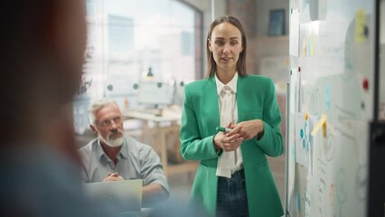 Poster - Woman Doing a Presentation in a Meeting Room at Office With her Team. Female Excutive Manager Presenting Company Growth Data and Marketing Strategy. Colleagues Asking Questions, Paying Attention