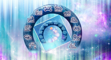 Wall Mural - astrology  wheel with all zodiac signs and planets over mystic background with rays of light, galaxy and stars like astrological and zodiacal art concept 