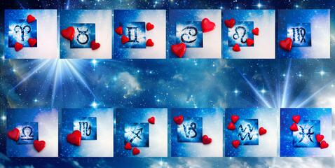 Wall Mural - cards with all zodiac signs and red hearts over blue background with copy space and stars, galaxy and nebula like romantic, astrology and love and Valentine concept 