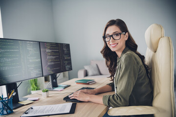 Profile side photo of smiling charming successful lady hardware expert working overtime hacking checking sites indoor workstation