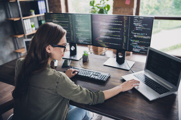 photo of smart lady nerd working startup site program typing key words open pc upgrade reboot operat