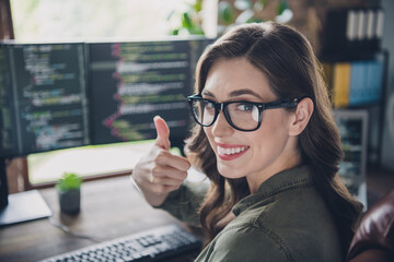 Wall Mural - photo of smart lady software hardware expert administration web designer thumb up database restart o