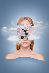 Wall Mural - Graphics template collage of weird lady beauty procedure concept apply face organic lotion garden lily flowers on grey cloudy background