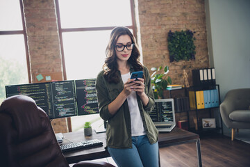 Wall Mural - photo of concentrated smart lady ceo engineer designer discusses issue operating system no wifi conn