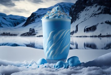 Wall Mural - illustration of ice freezing glass of blue chocolate milkshake with whip cream topping glass