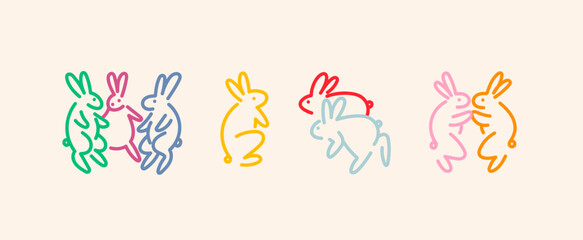 Wall Mural - various colorful bunnies. dancing, standing, fighting, running rabbits. hand drawn vector illustrati