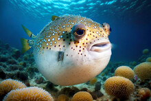 Balloon-like Inflated Puffer Fish In Blue Seawater